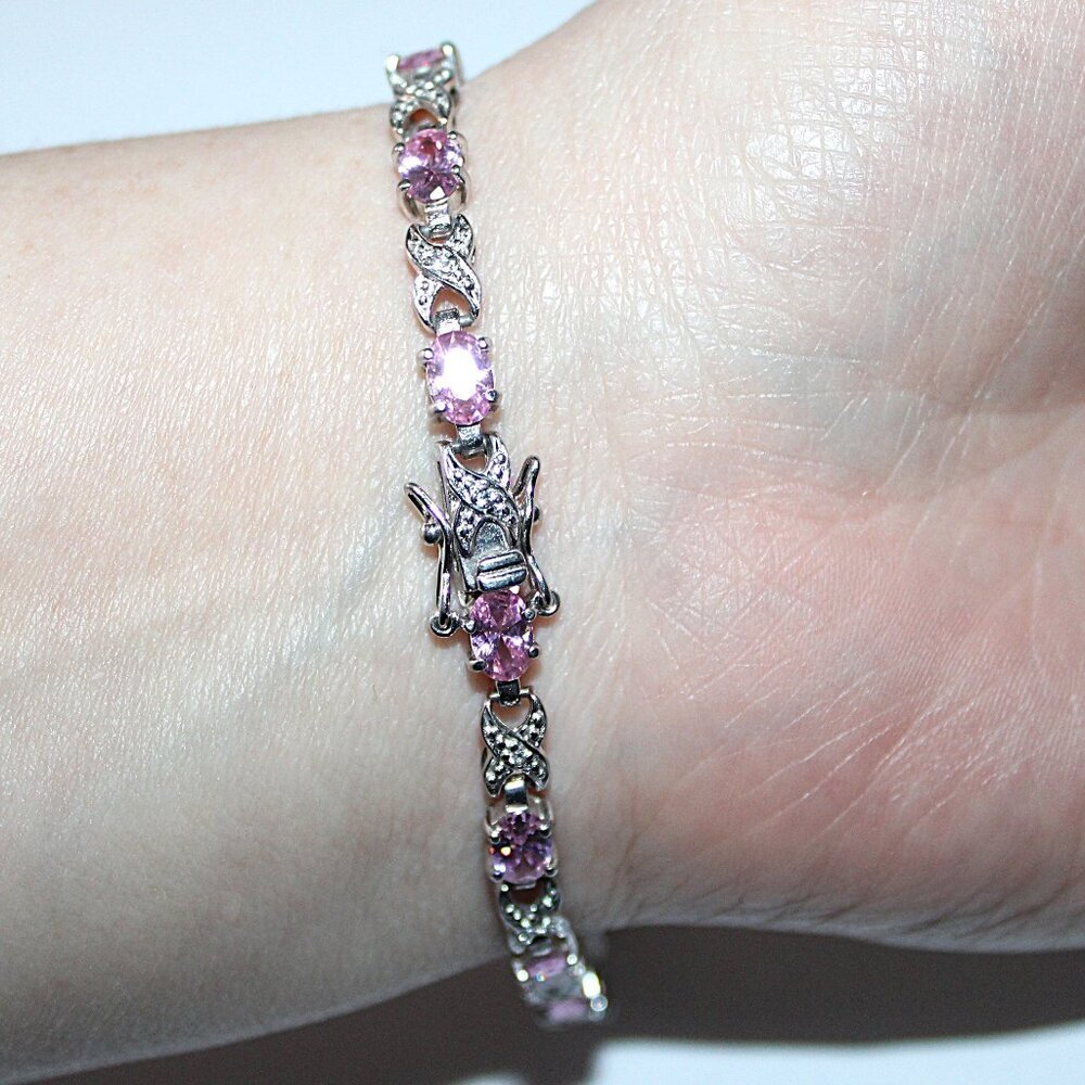 Sterling Silver Pink Cubic Zirconia Tennis Bracelet 10 Grams - Picture 2 of 6